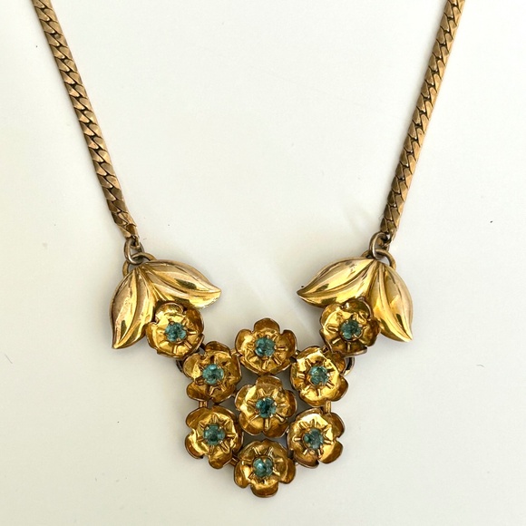 Vintage Gold Filled Floral Necklace — Turquoise Crystal Accents — Signed - Picture 8 of 9